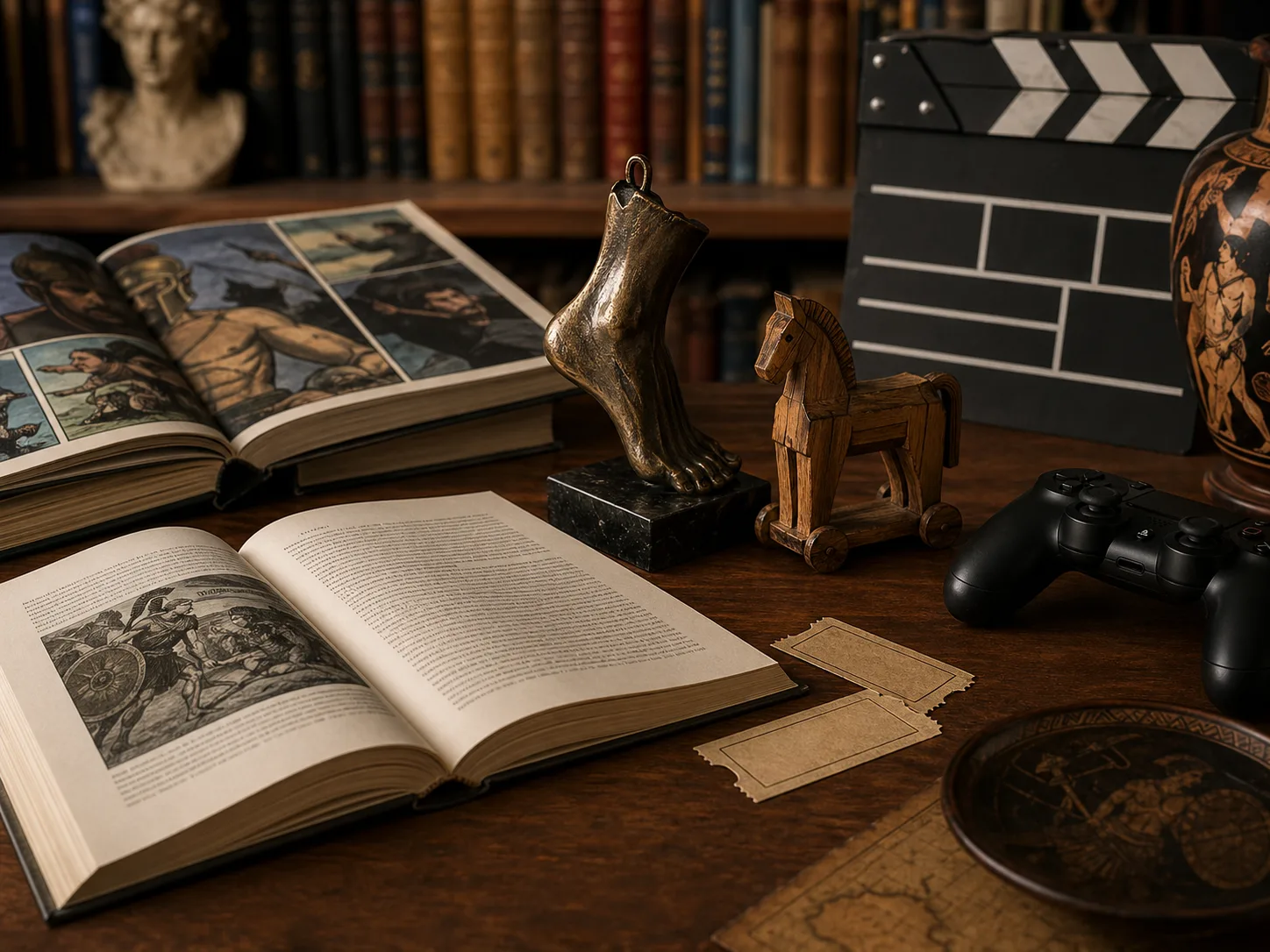 A desk with Homeric books, a comic book, a cinema clapperboard, a game controller and Trojan objects.