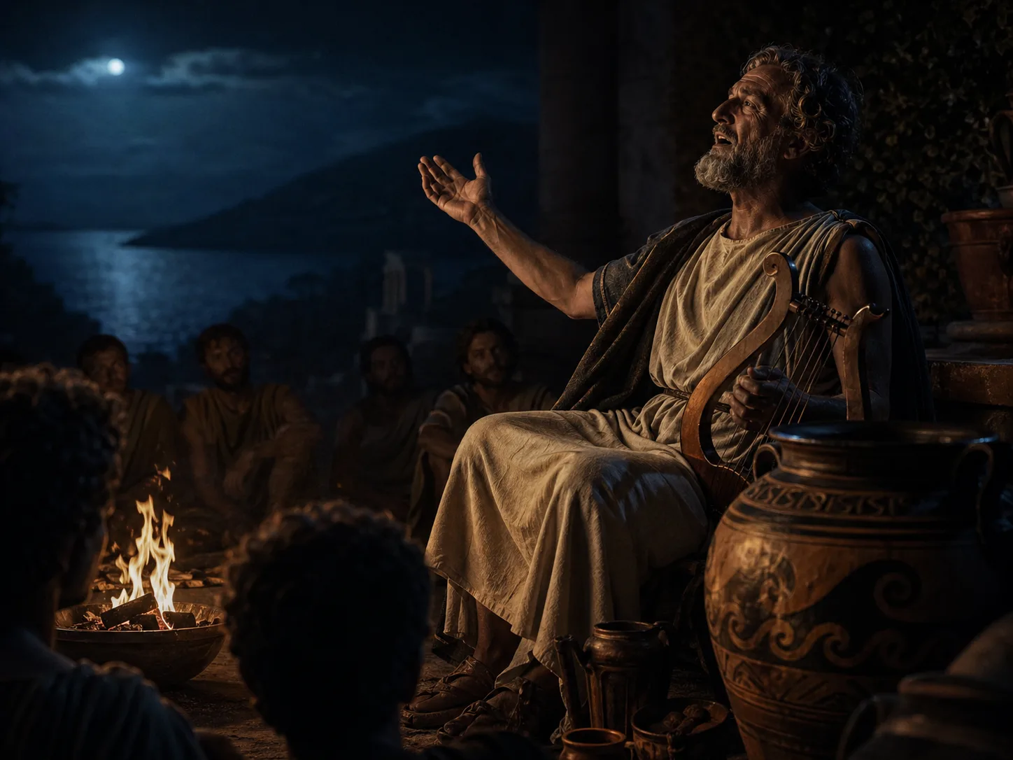 A Greek singer recites by firelight, lyre in hand, before a group of listeners.