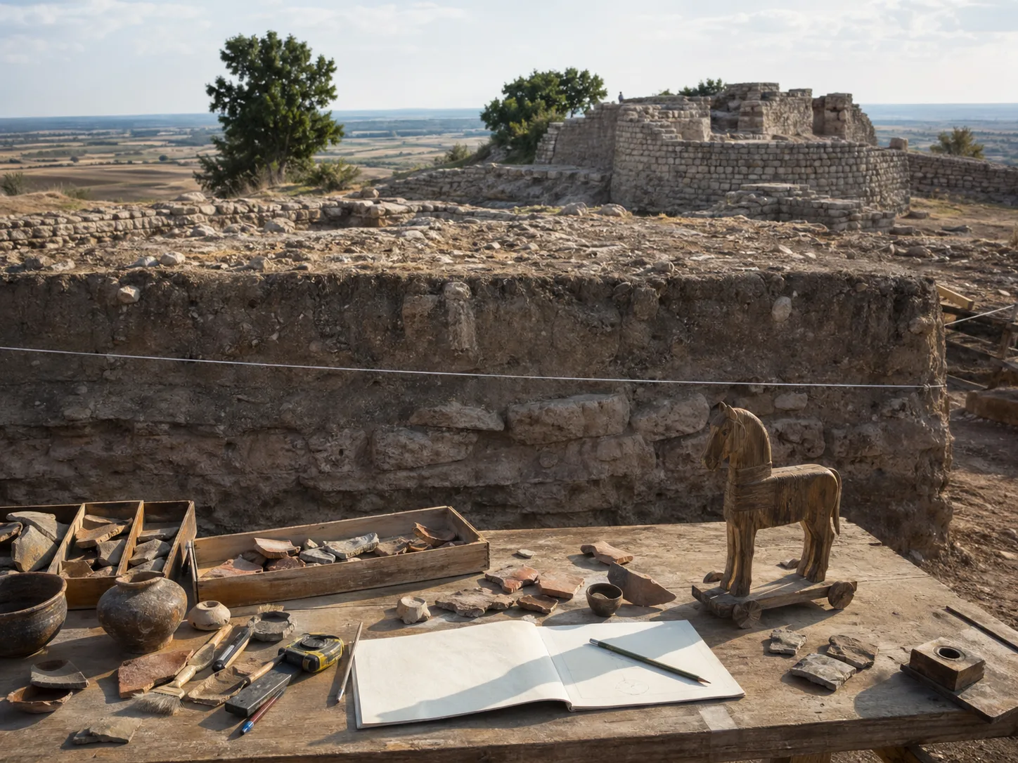An archaeology table near the ruins of Troy, with sherds, tools and a small wooden horse.