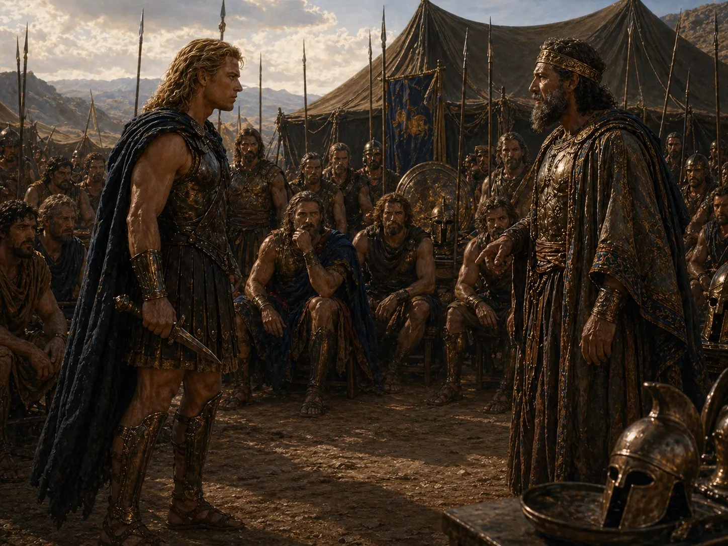 Achilles and Agamemnon clash before the Achaean assembly.