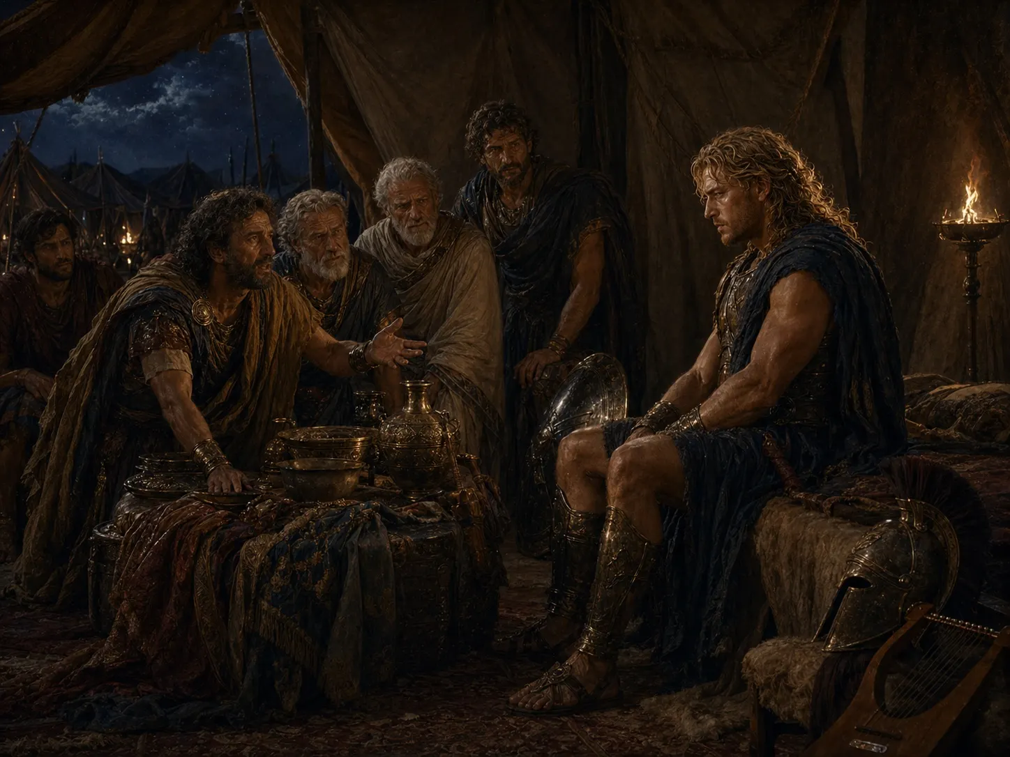 Greek envoys ask Achilles to return to battle inside his tent.