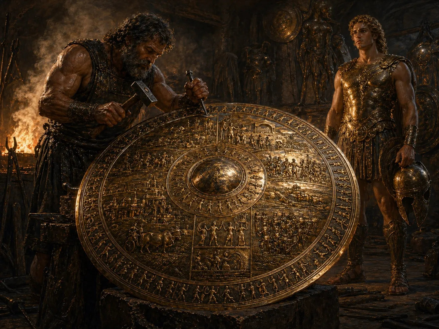 Hephaestus forges Achilles' shield in a divine workshop.
