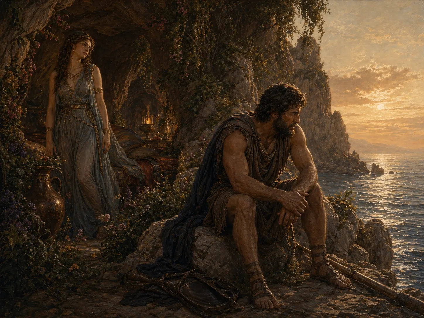 Odysseus looks toward the sea from Calypso's island despite the offer of immortality.