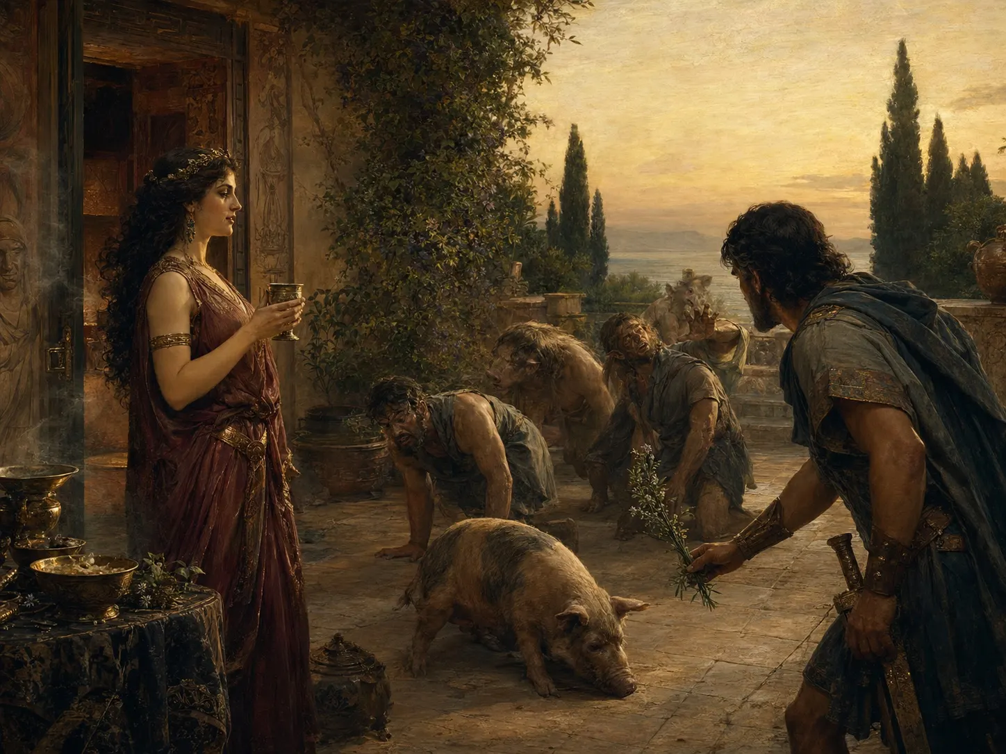 Circe holds a cup in her palace as Odysseus' companions undergo metamorphosis.