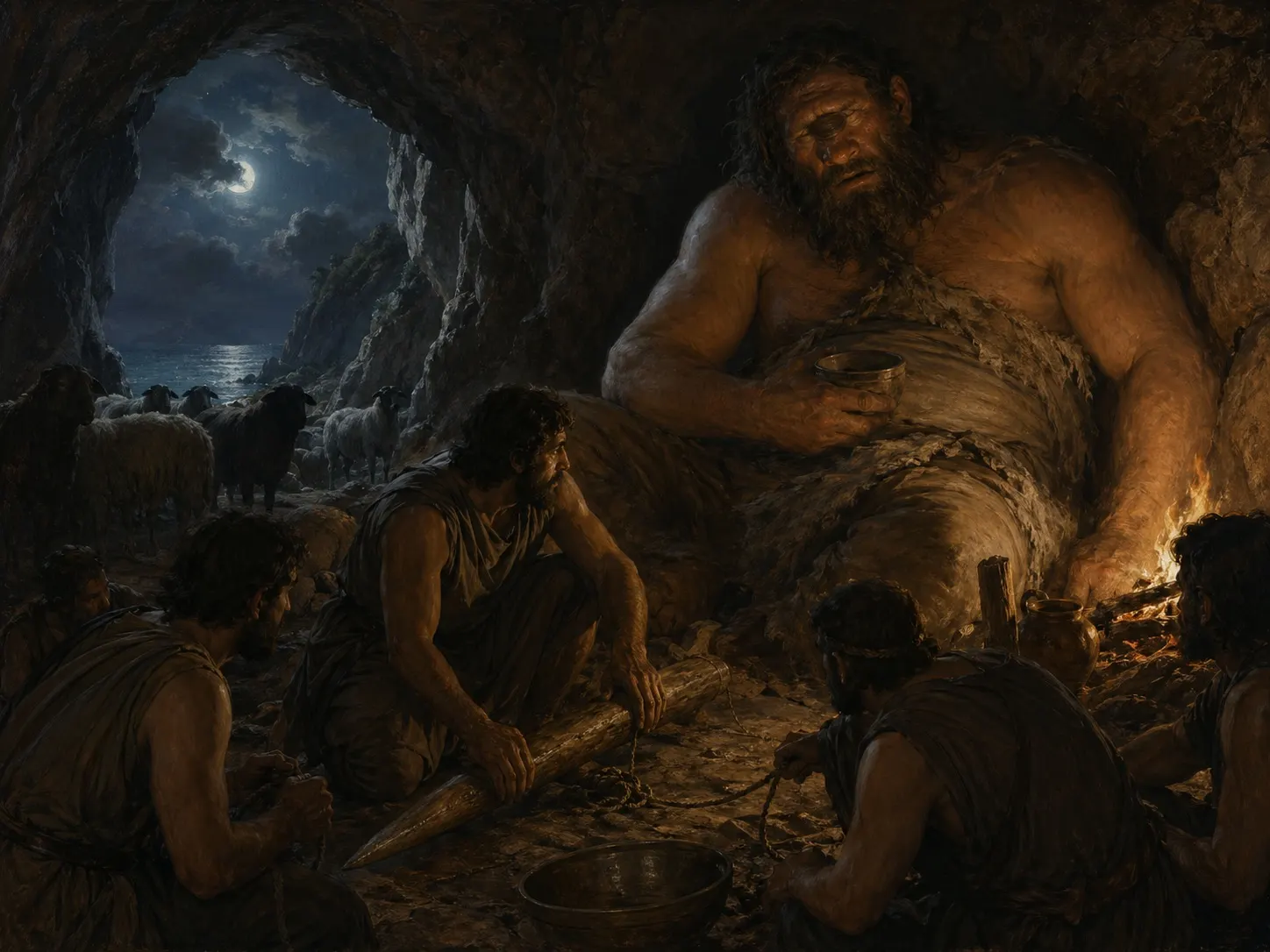 Odysseus and his companions prepare their trick inside the cave of the sleeping Cyclops.