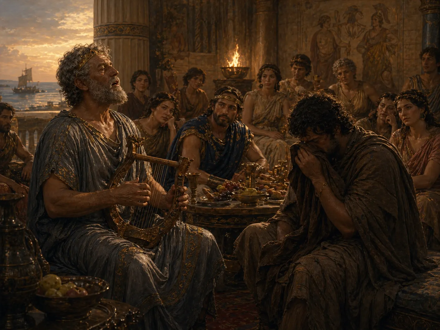 The bard Demodocus sings among the Phaeacians while Odysseus weeps in secret.