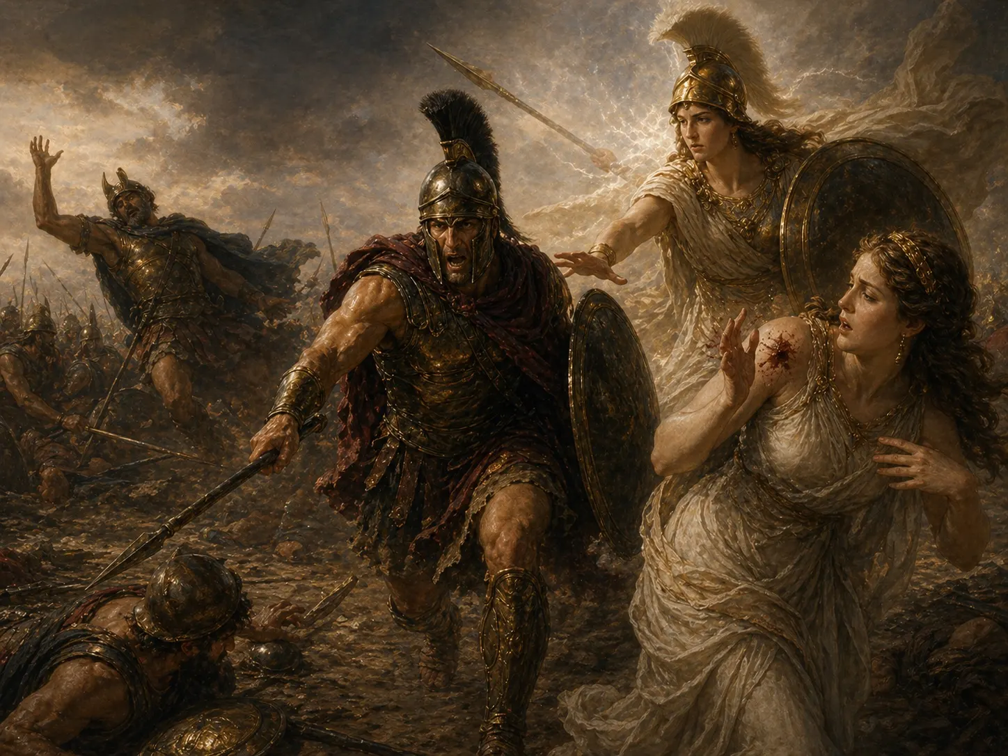 Diomedes charges across the battlefield with Athena's help while gods recoil.