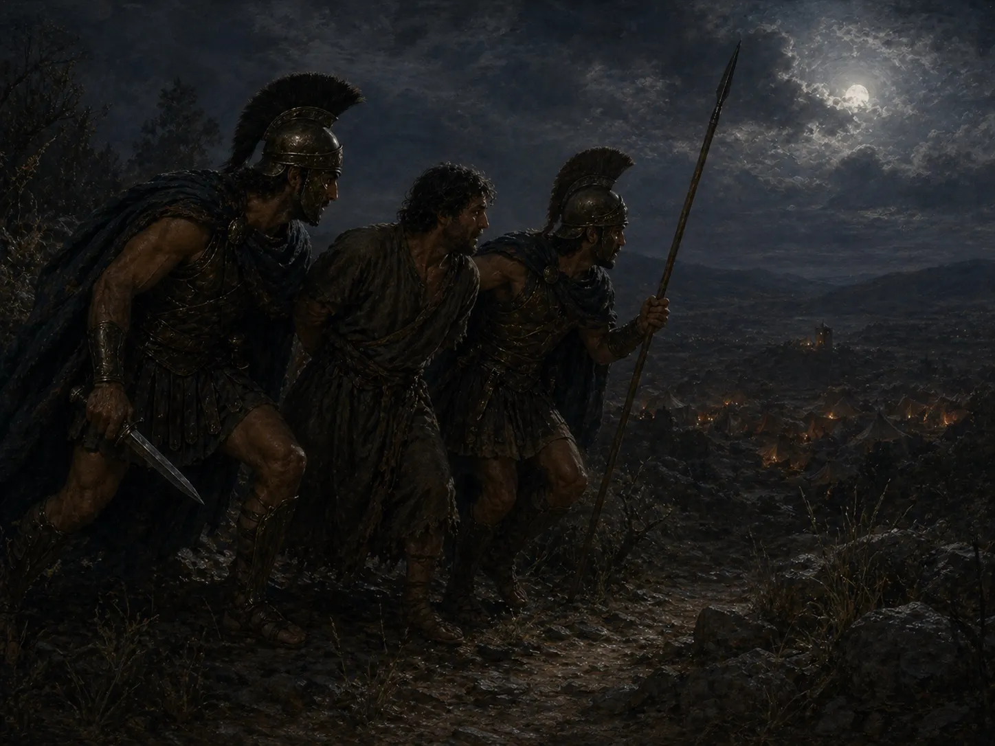 Odysseus and Diomedes advance at night near the Trojan camp.