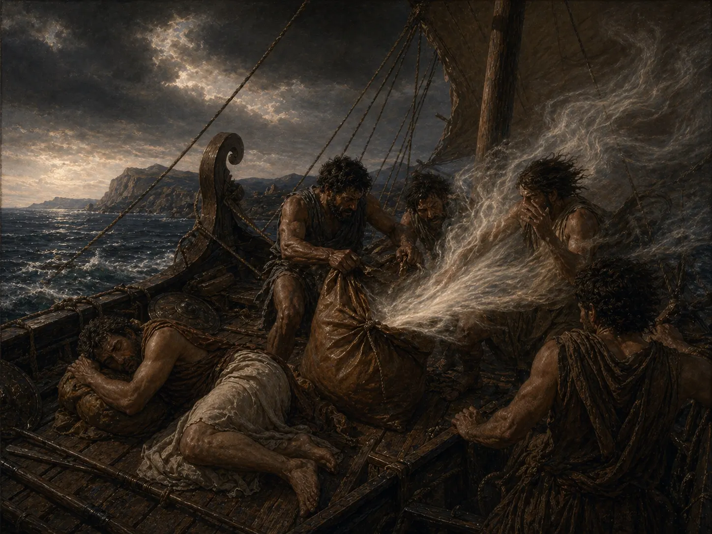 Odysseus' companions open the bag of winds while Ithaca slips away.