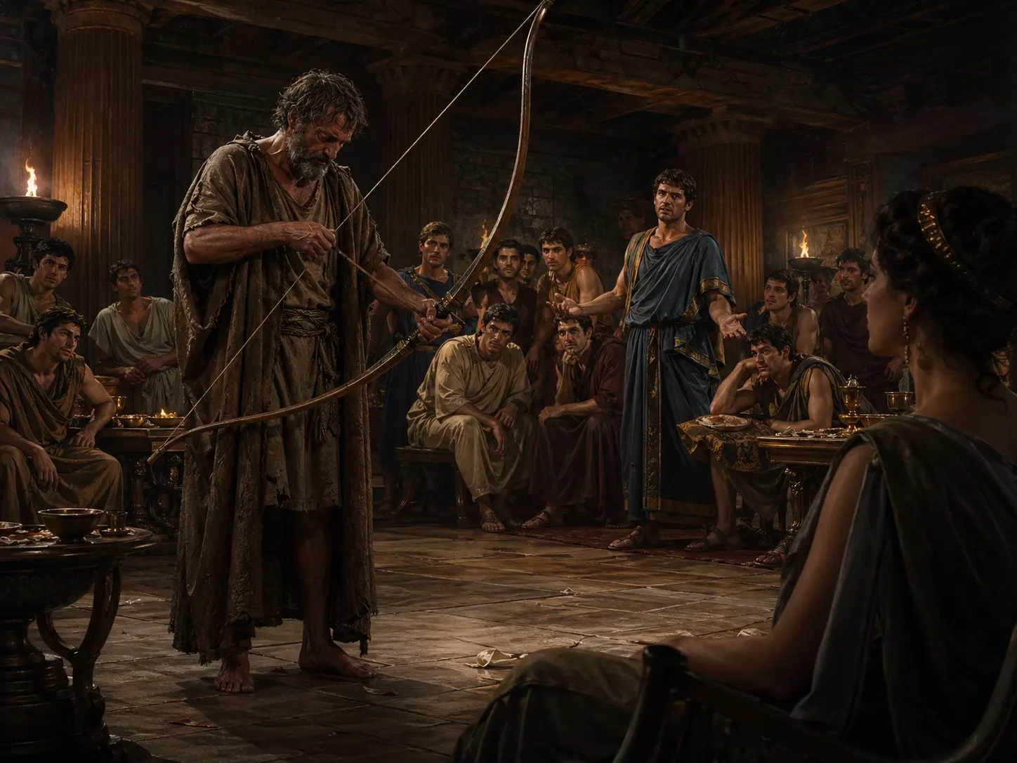 The disguised Odysseus strings his bow before the anxious suitors.
