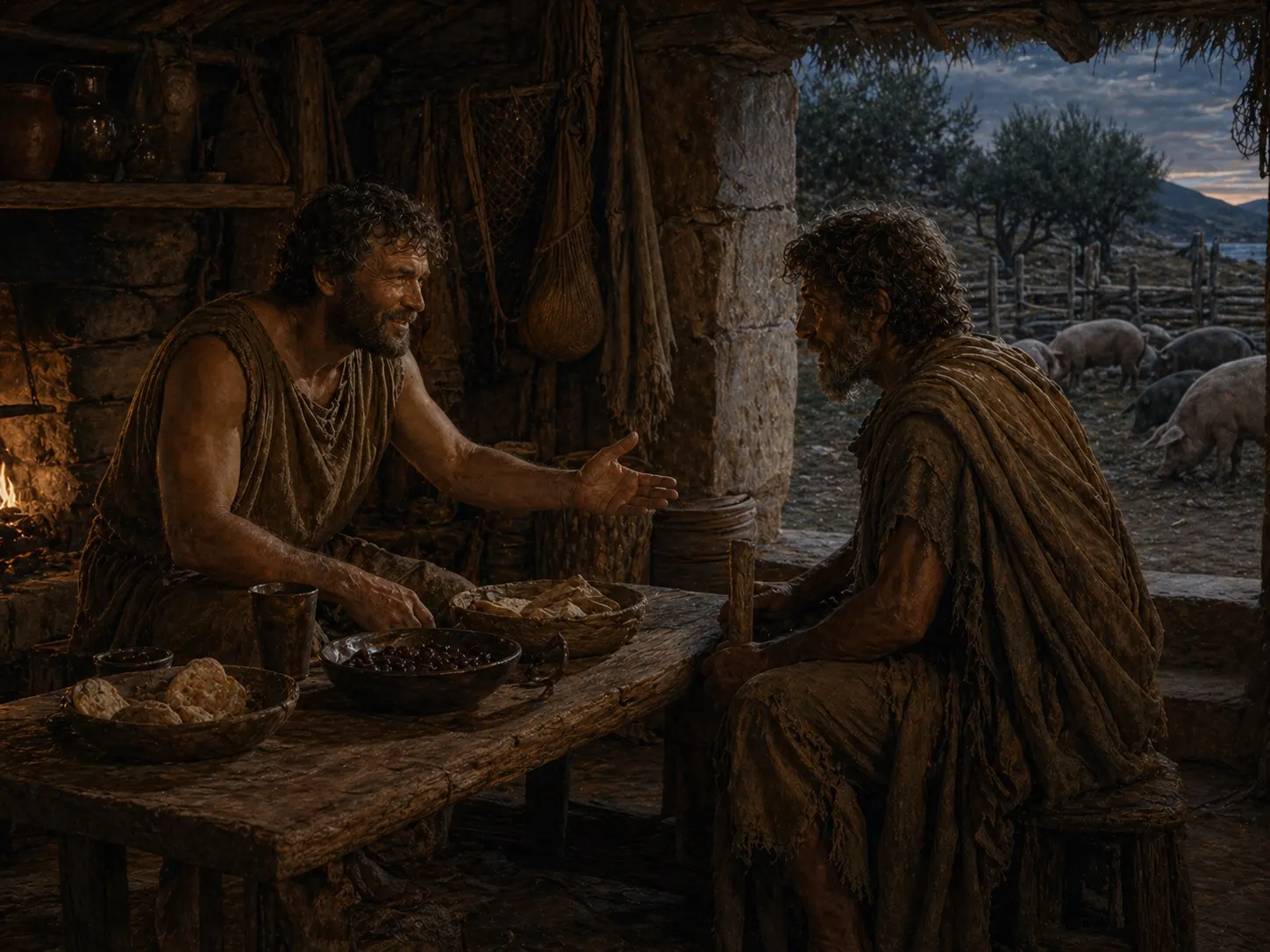 Eumaeus welcomes the disguised Odysseus in his swineherd's hut near Ithaca.