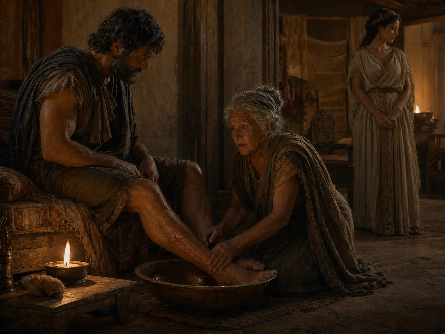 Eurycleia recognizes Odysseus' scar while washing his feet by lamplight.
