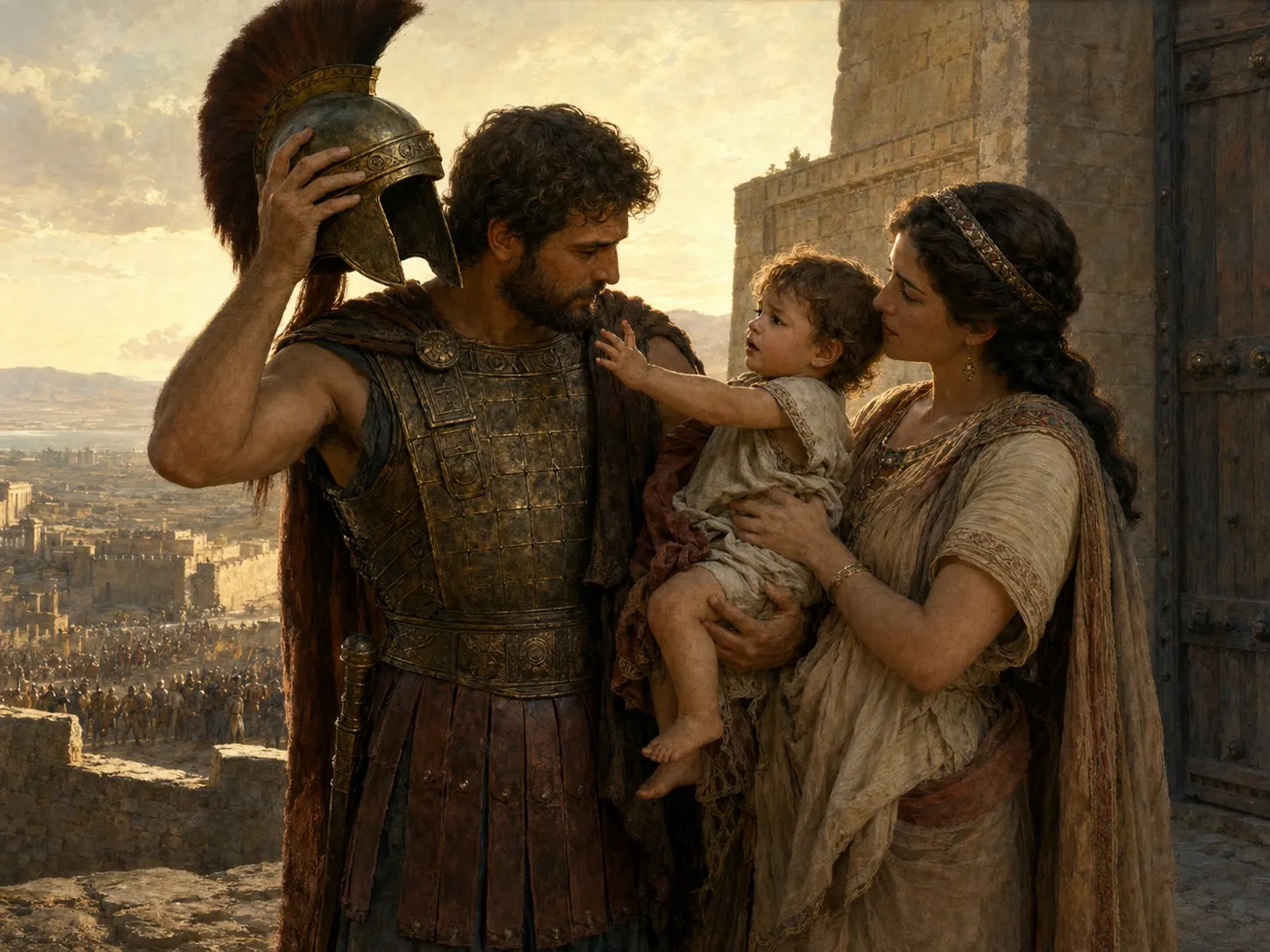 Hector removes his helmet before Andromache and their child on Troy's walls.
