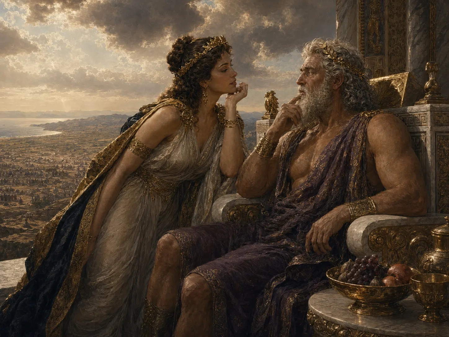 Hera distracts Zeus on Mount Ida while the war below turns.