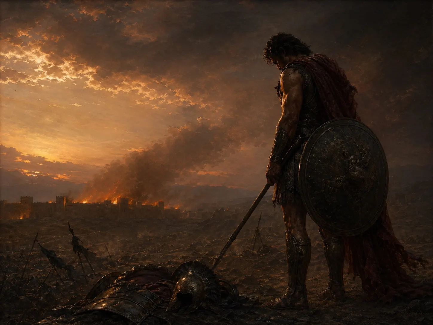 An Achaean warrior before Troy's walls at dusk, caught between anger and grief.