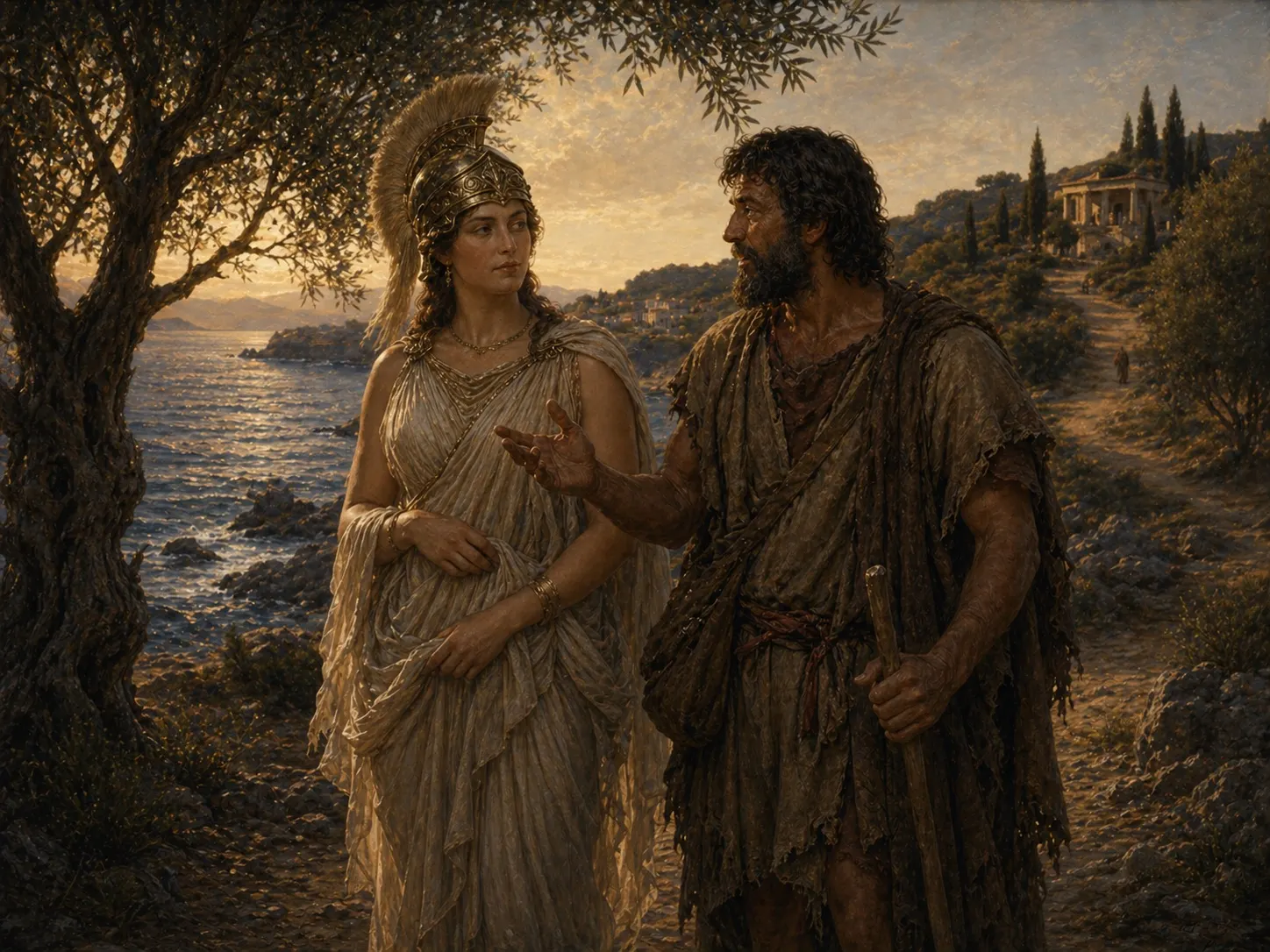 Disguised Odysseus returns to Ithaca and invents a story before Athena.