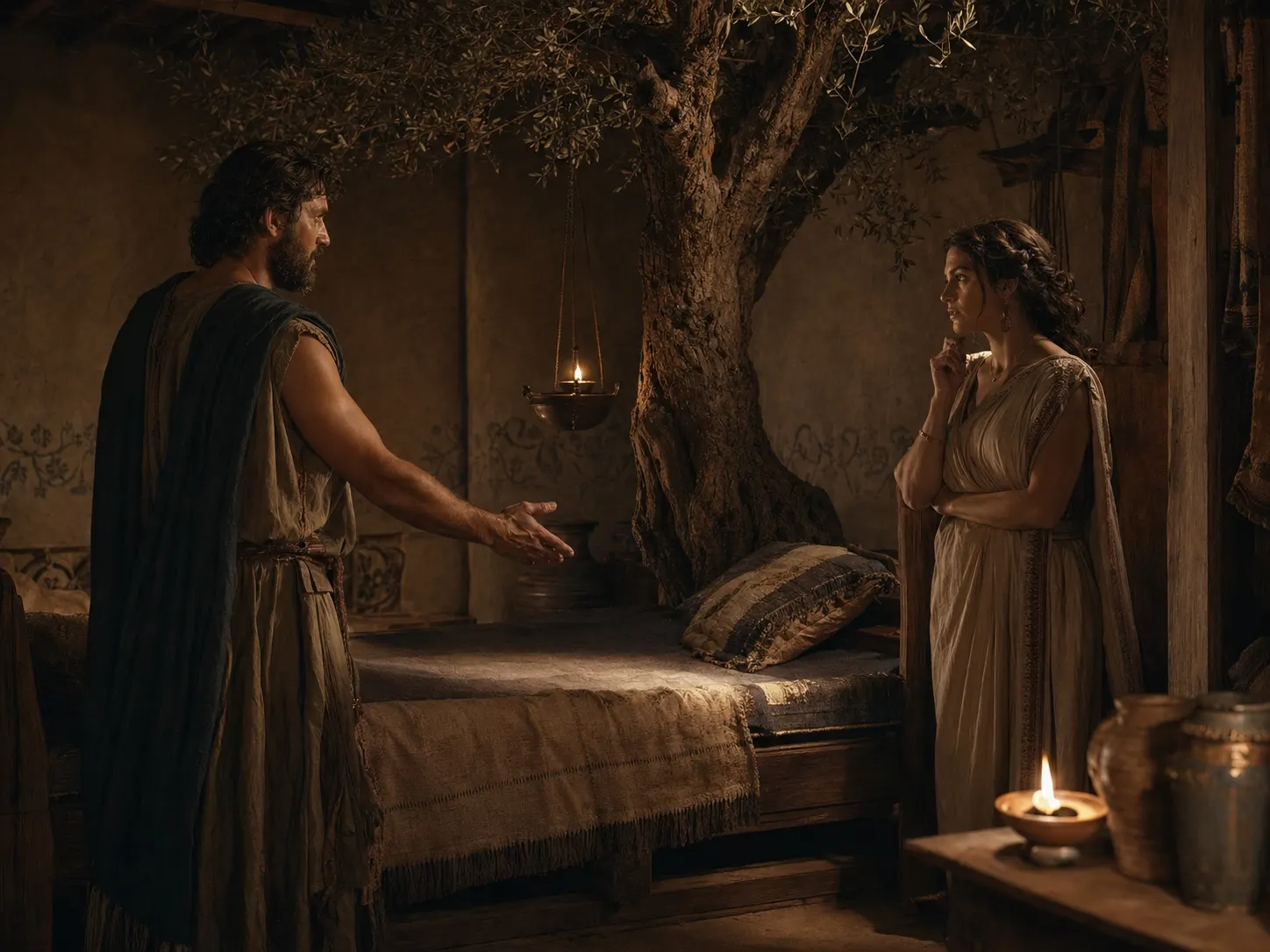 Odysseus and Penelope recognize each other through the secret of the bed built around an olive tree.