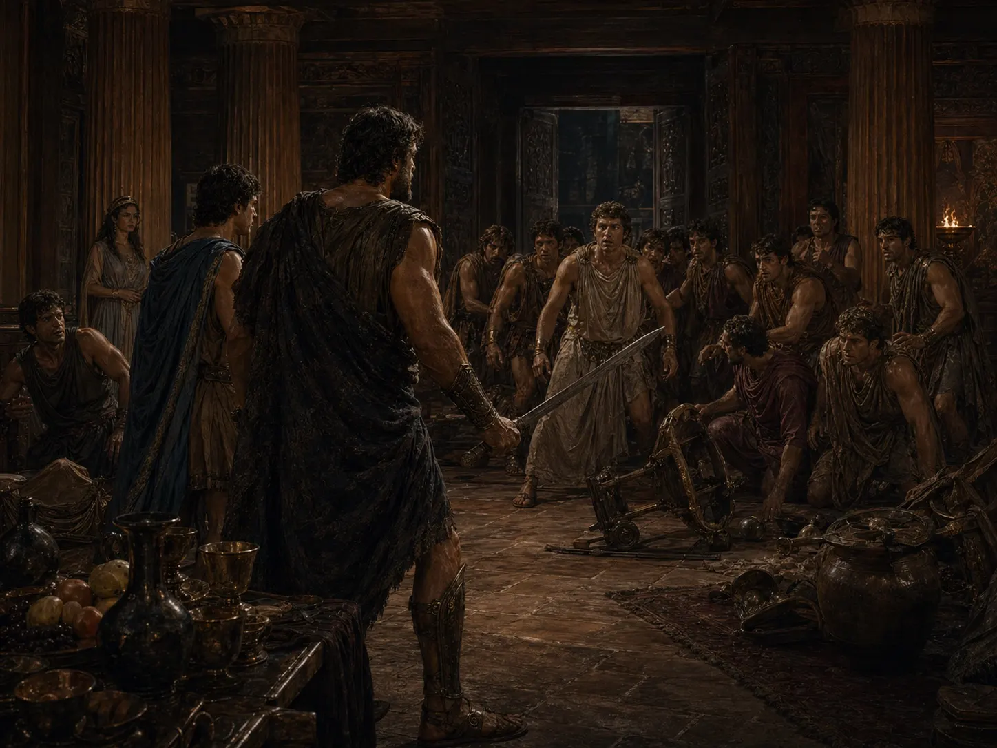 Odysseus and Telemachus close the trap inside the palace as the suitors panic.