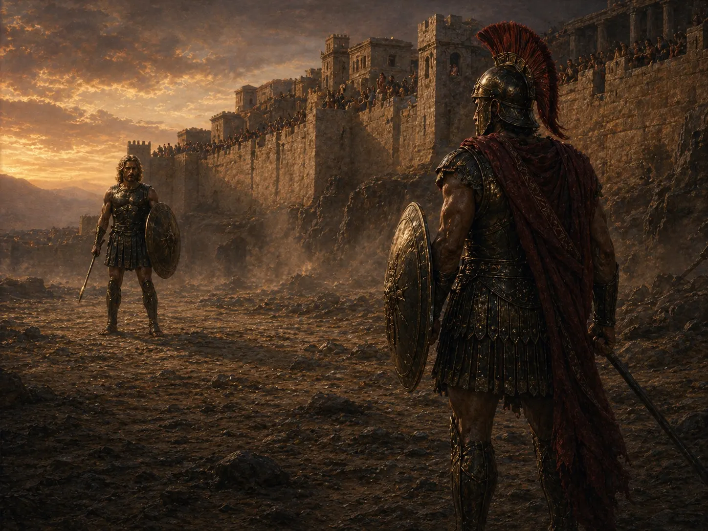 Hector stands before Troy's walls facing Achilles before the fatal duel.