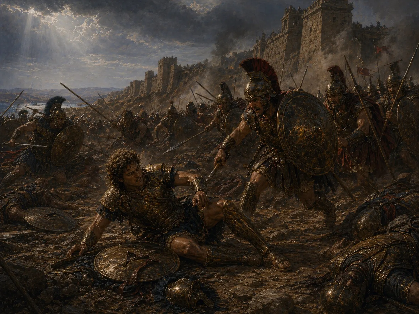 Patroclus falls near Troy under the gaze of enemy warriors.