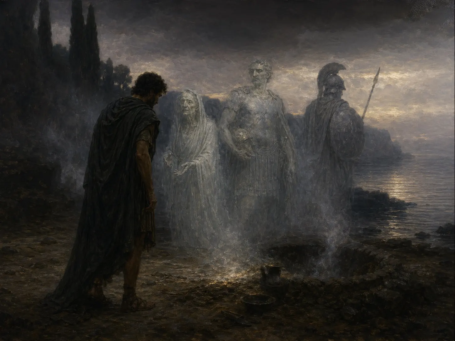 Odysseus meets the shades of the dead on a dark shore at the threshold of the Underworld.