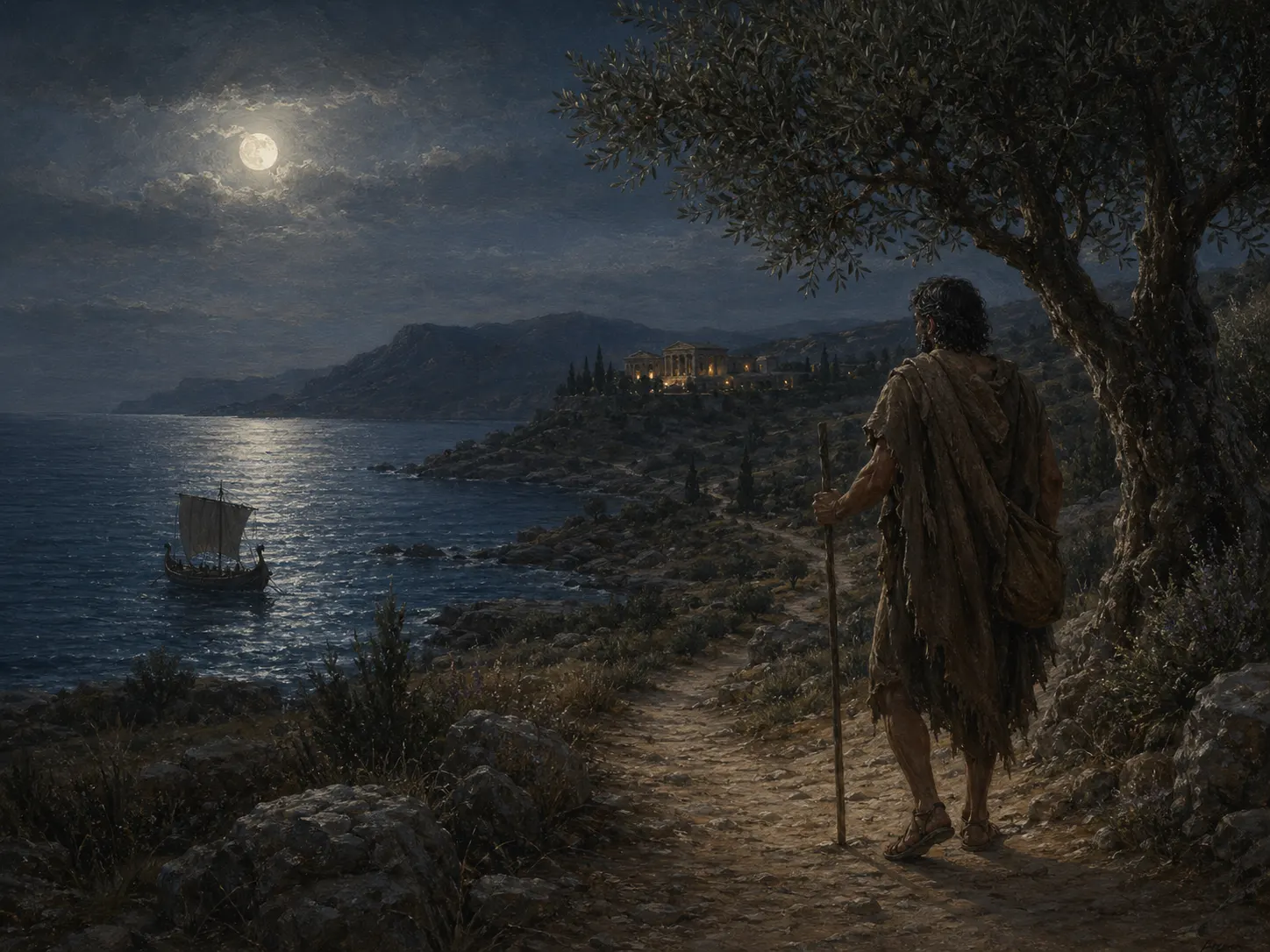 A plainly dressed traveler looking toward the lights of Ithaca from a night shore.