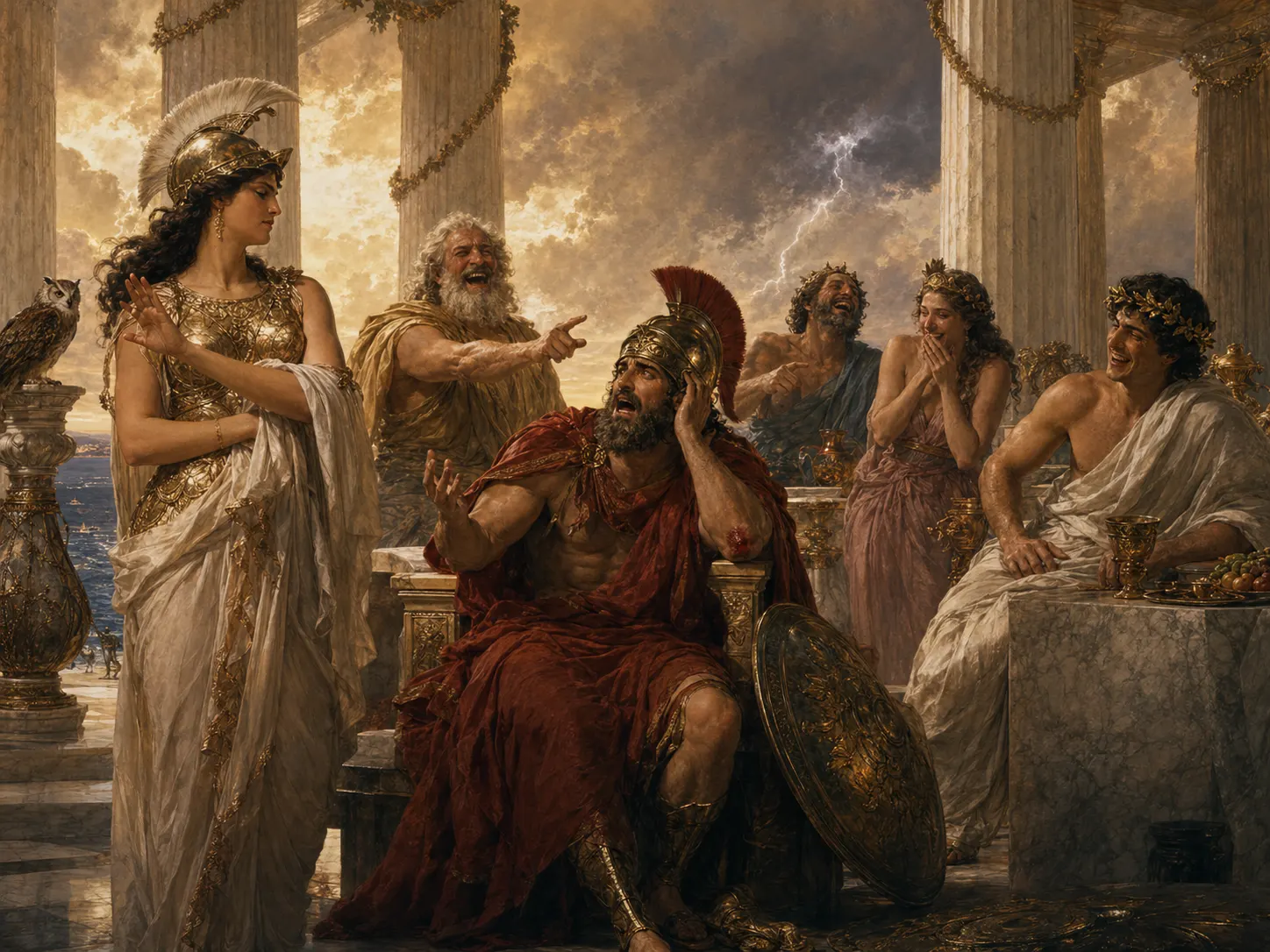 Greek gods on Olympus react with indignation and amusement to an embarrassing divine scene.
