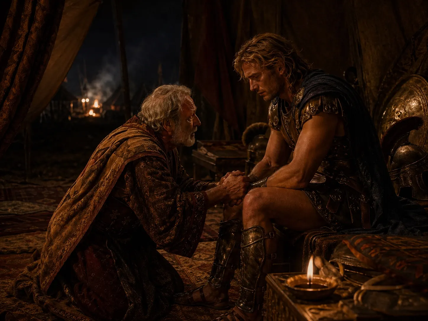 Priam begs Achilles to return Hector's body inside a lamplit Achaean tent.