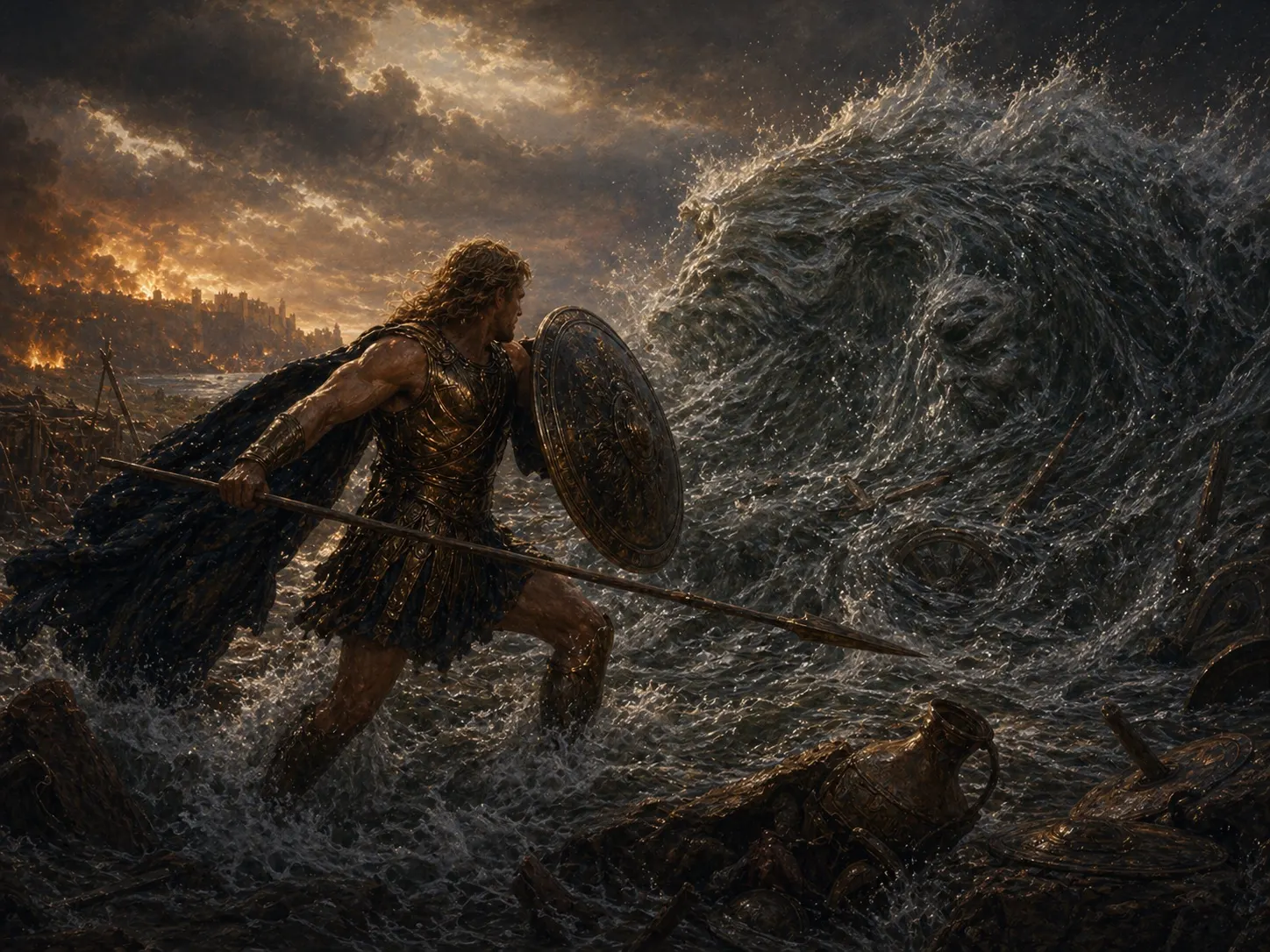 Achilles struggles against the divine river Scamander.