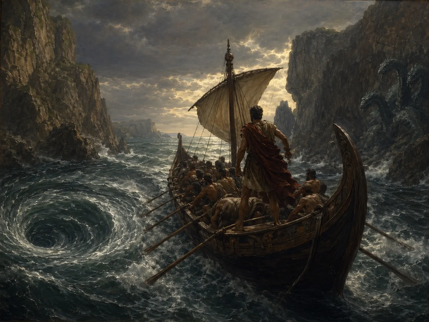 Odysseus' ship crosses a dangerous strait between Charybdis and Scylla.