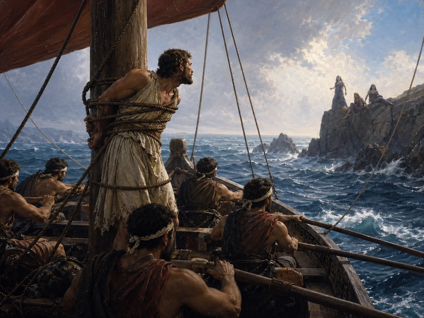 Odysseus tied to the mast hears the Sirens while his companions row with ears sealed.
