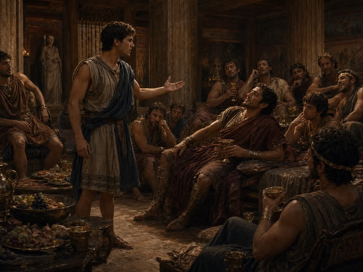 Telemachus tries to stand before the suitors in the palace of Ithaca.