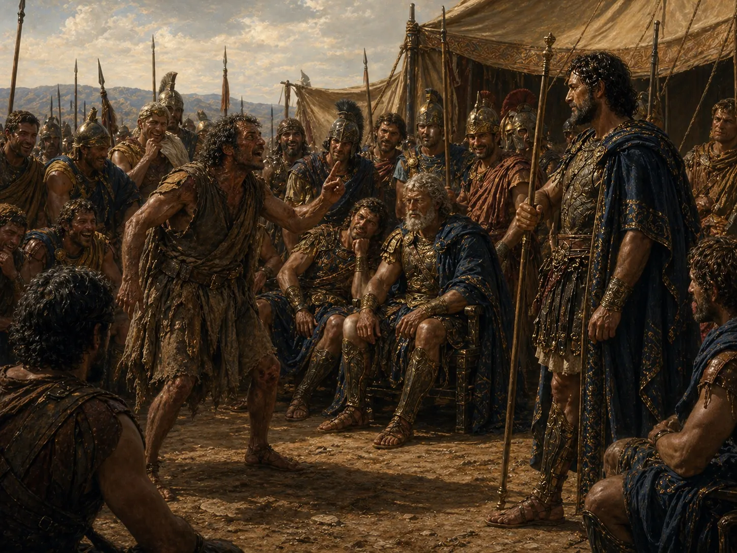 Thersites speaks before the Greek chiefs as Odysseus prepares to restore order.