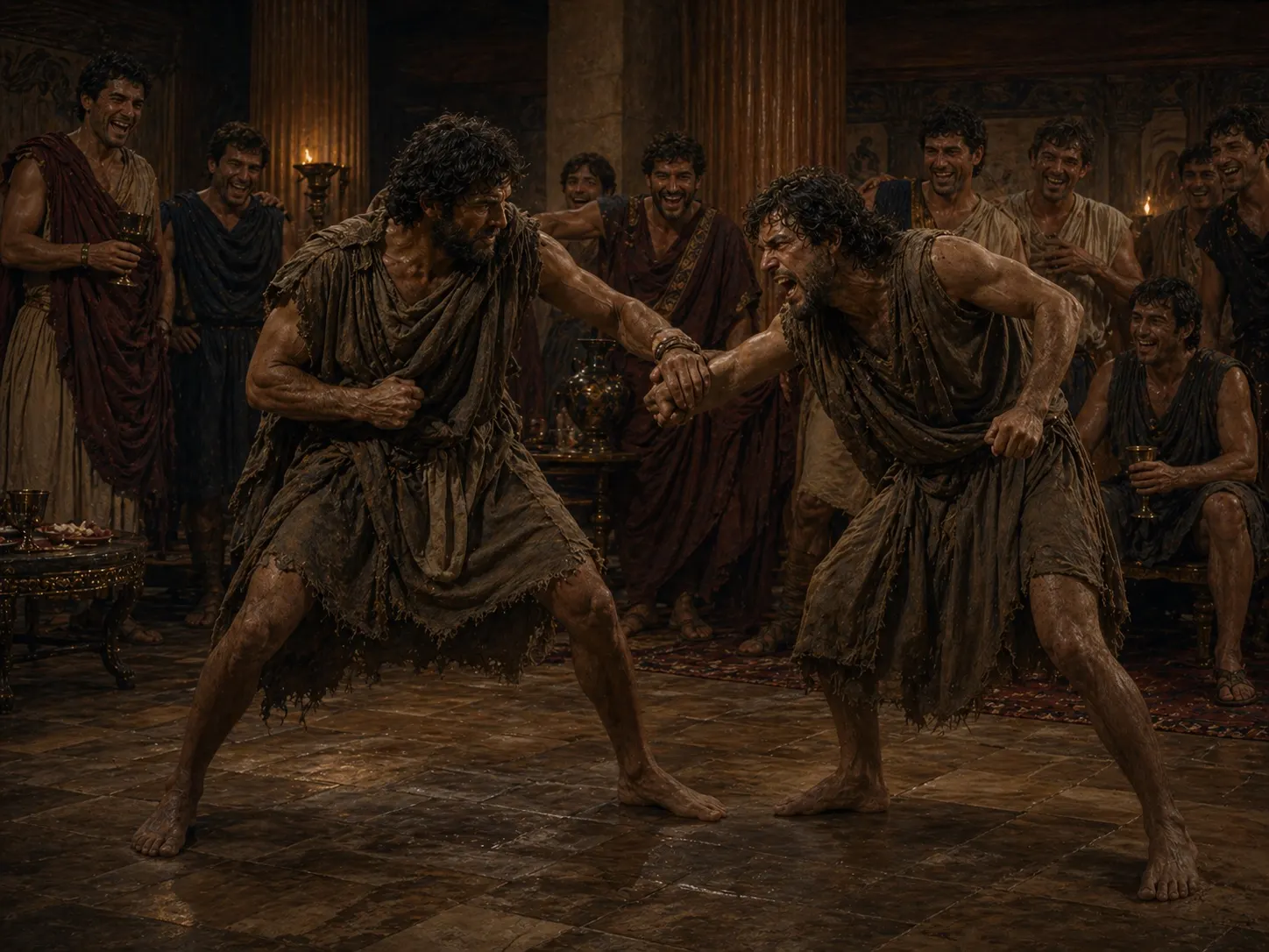 Odysseus disguised as a beggar fights Irus while the suitors laugh.