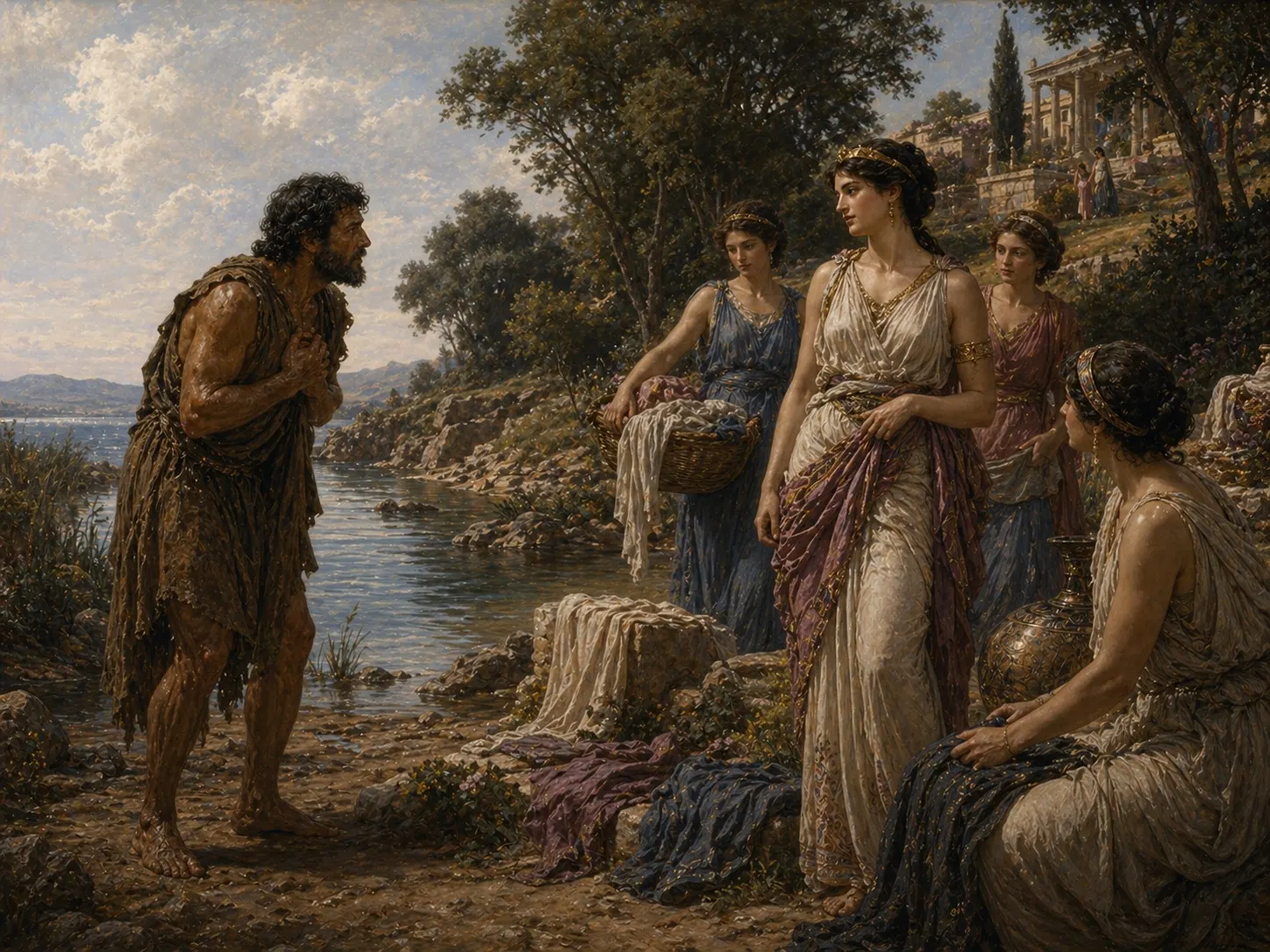 Shipwrecked Odysseus addresses Nausicaa and her attendants with caution.