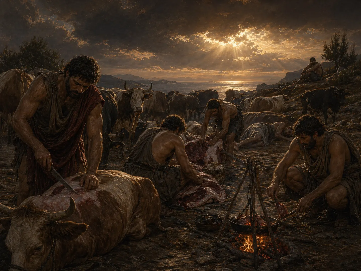 Odysseus' companions prepare to kill the sacred cattle of the Sun on a forbidden island.