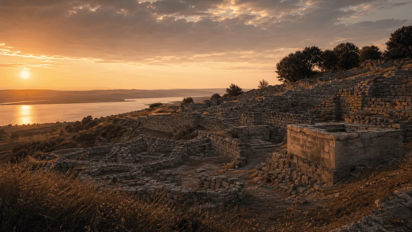 Stylized view of Troy's archaeological landscape at sunset.
