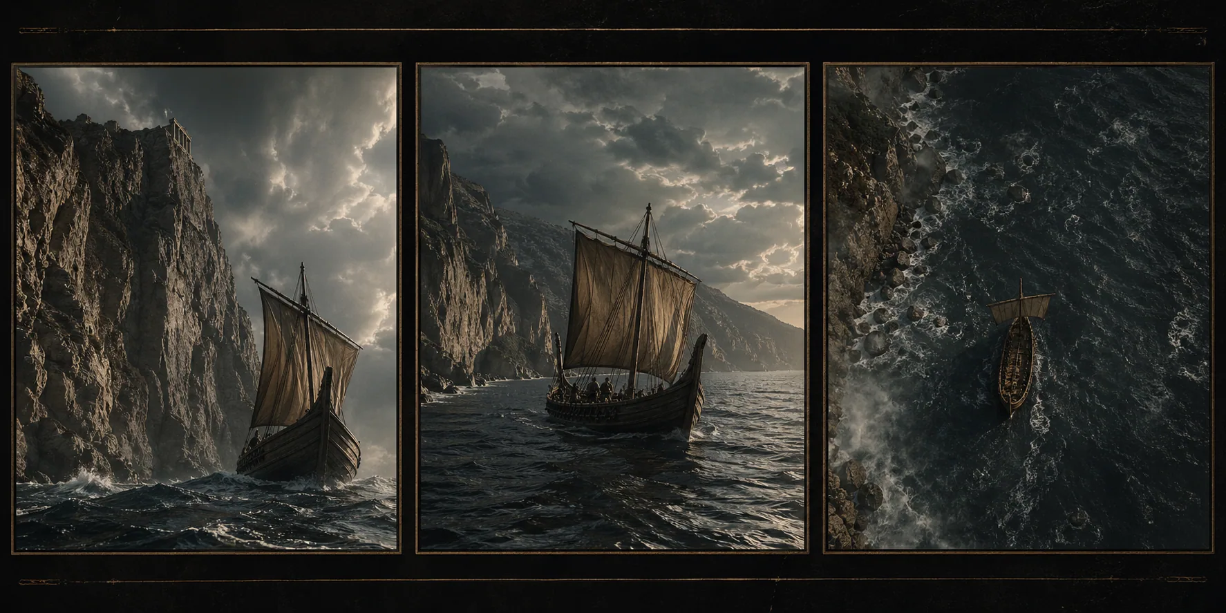 Three camera angles on a Greek ship near a cliff: low angle, eye level and high angle
