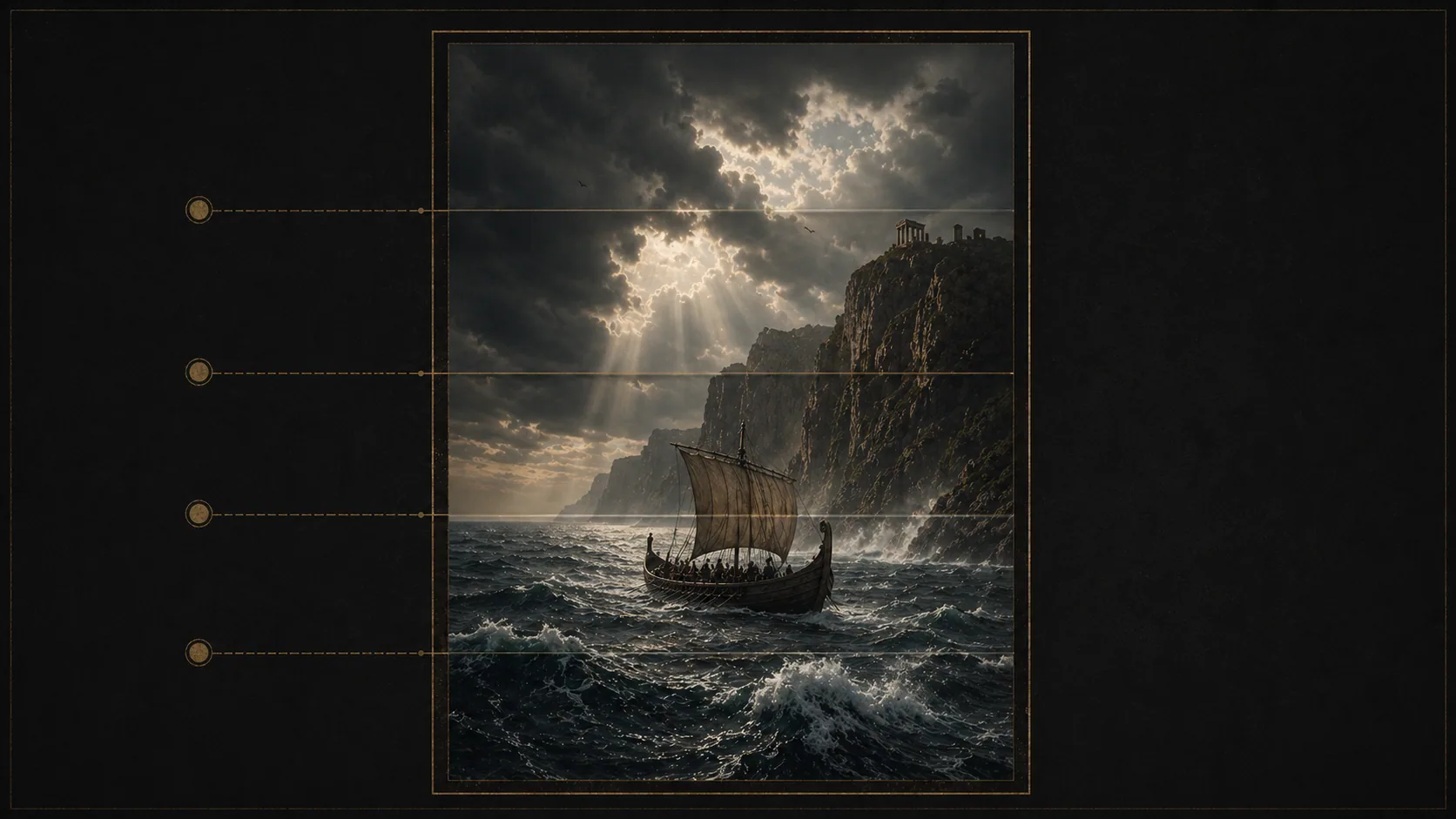 A vertical IMAX frame showing layers of a shot: sky, cliff, ship and sea