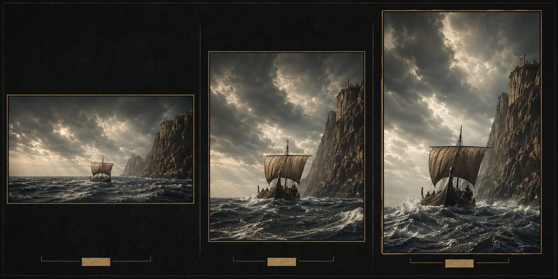 The same ancient ship scene reframed in three formats, from wide scope to taller IMAX full frame