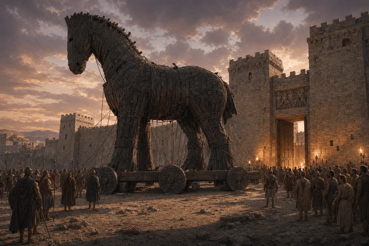 Visual of the Greek horse at the entrance of Troy