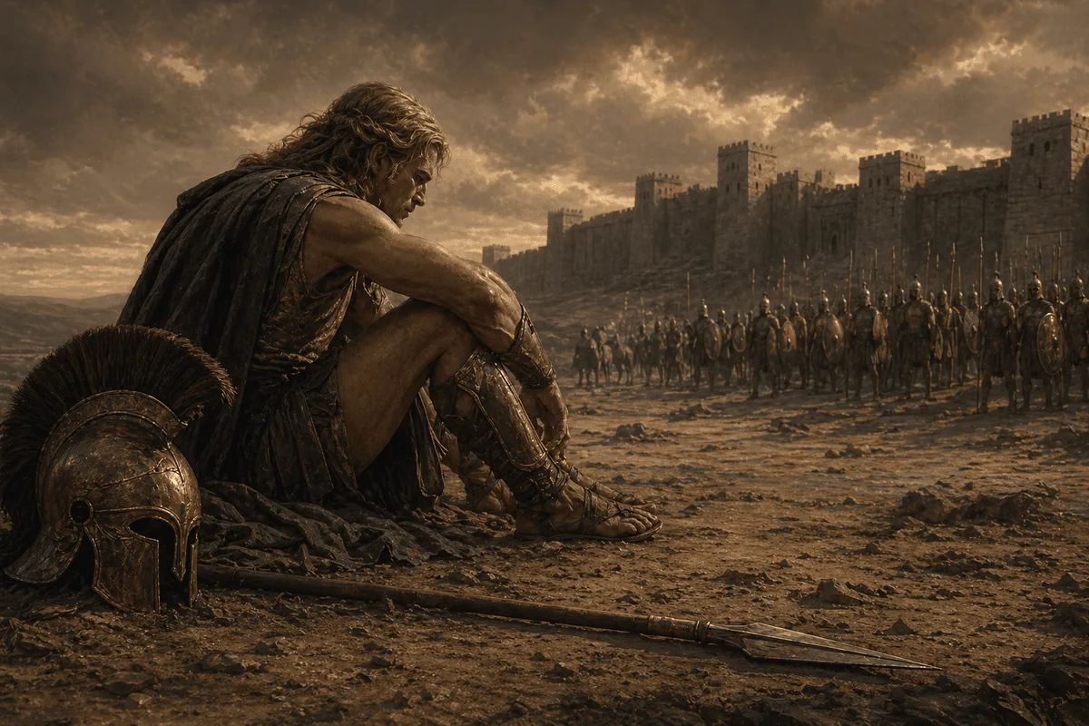 Stylized figure of Achilles and the fire of his anger