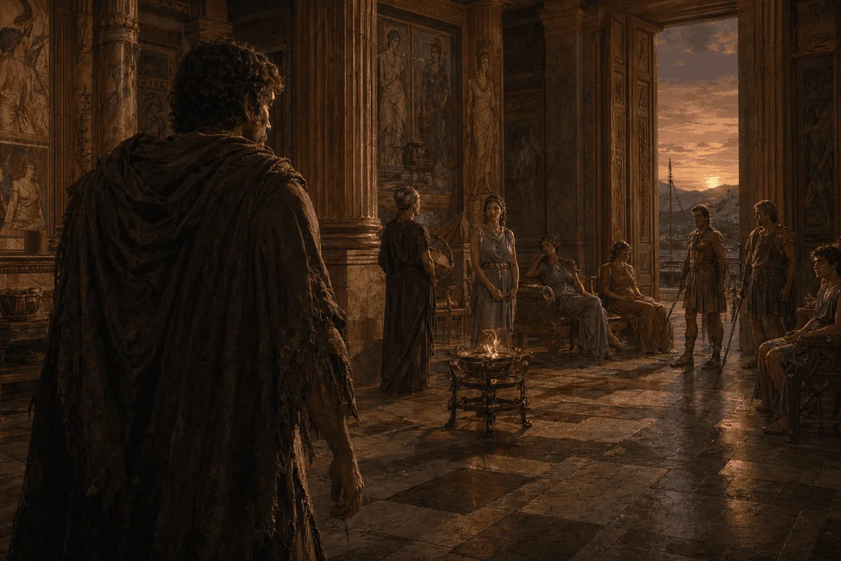 Symbolic view of the palace of Ithaca at dusk