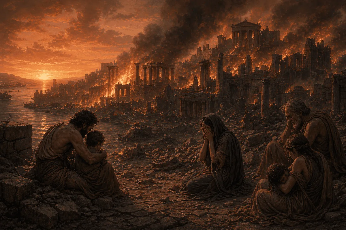 Destroyed city at nightfall